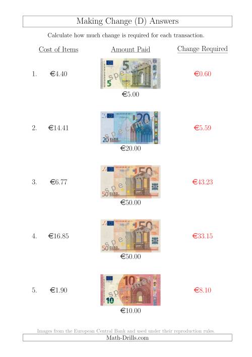 The Making Change from Euro Notes up to €50 (D) Math Worksheet Page 2