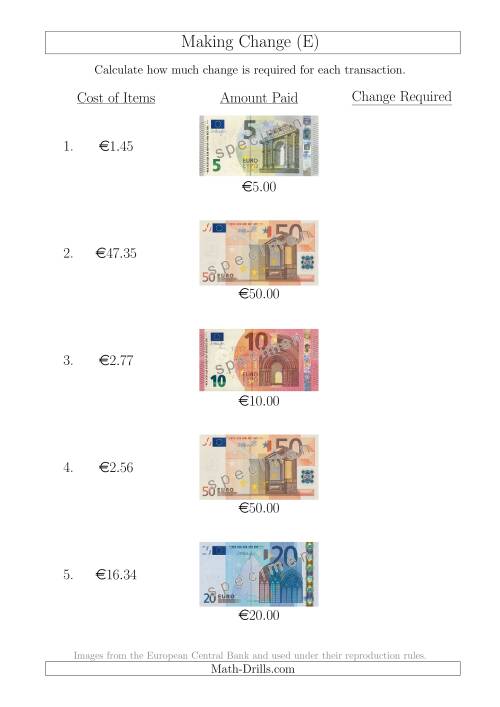 The Making Change from Euro Notes up to €50 (E) Math Worksheet