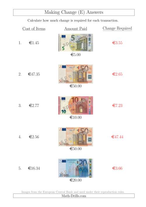The Making Change from Euro Notes up to €50 (E) Math Worksheet Page 2