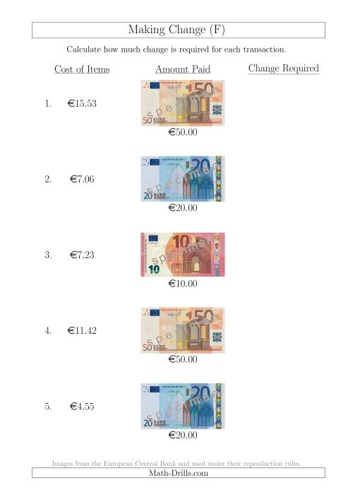 The Making Change from Euro Notes up to €50 (F) Math Worksheet