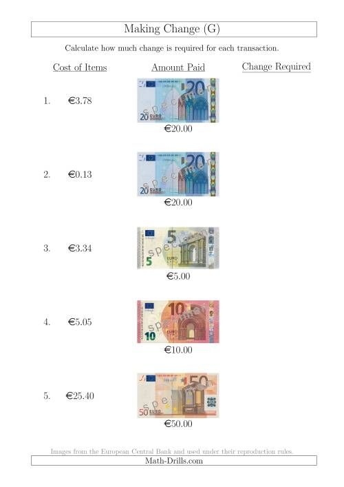 The Making Change from Euro Notes up to €50 (G) Math Worksheet