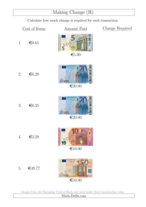 The Making Change from Euro Notes up to €50 (H) Math Worksheet