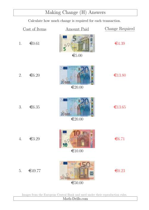 The Making Change from Euro Notes up to €50 (H) Math Worksheet Page 2