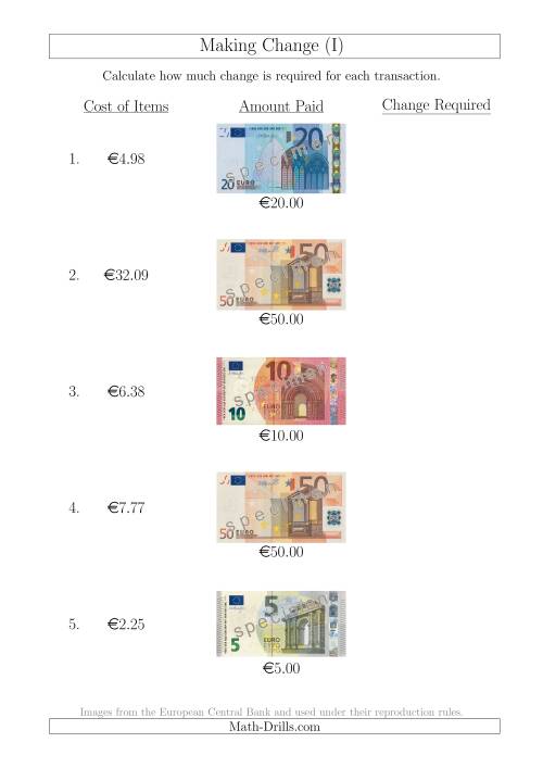 The Making Change from Euro Notes up to €50 (I) Math Worksheet