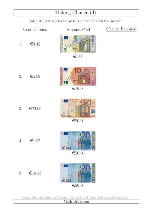 The Making Change from Euro Notes up to €50 (J) Math Worksheet