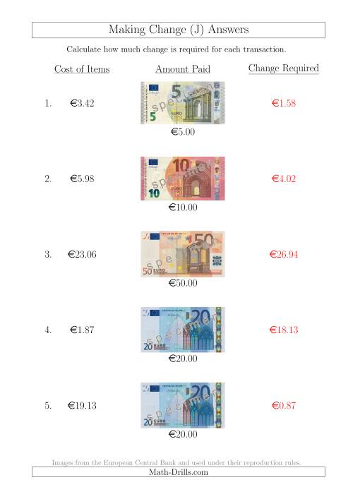 The Making Change from Euro Notes up to €50 (J) Math Worksheet Page 2