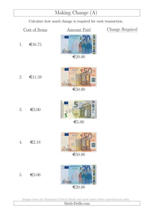 The Making Change from Euro Notes up to €50 (All) Math Worksheet