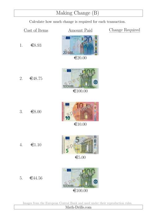 The Making Change from Euro Notes up to €100 (B) Math Worksheet