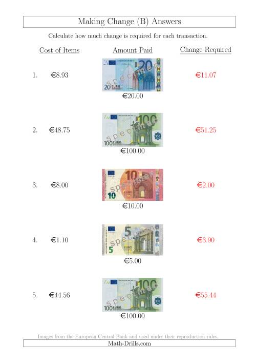 The Making Change from Euro Notes up to €100 (B) Math Worksheet Page 2