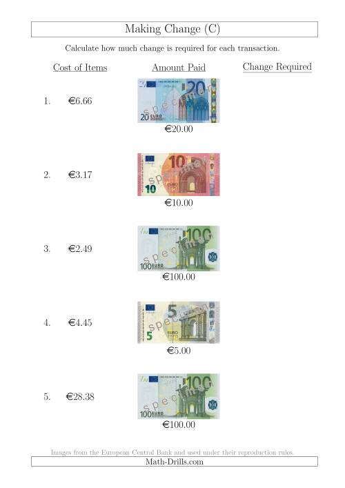 The Making Change from Euro Notes up to €100 (C) Math Worksheet