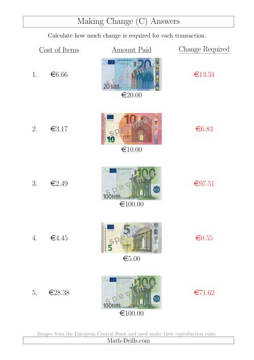 The Making Change from Euro Notes up to €100 (C) Math Worksheet Page 2