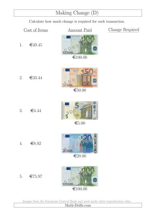 The Making Change from Euro Notes up to €100 (D) Math Worksheet