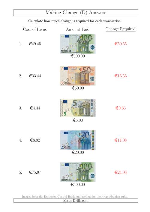 The Making Change from Euro Notes up to €100 (D) Math Worksheet Page 2