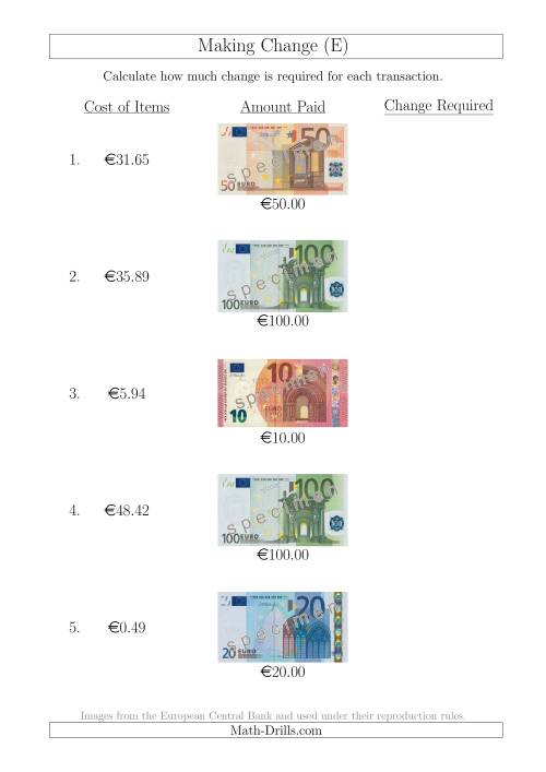 The Making Change from Euro Notes up to €100 (E) Math Worksheet