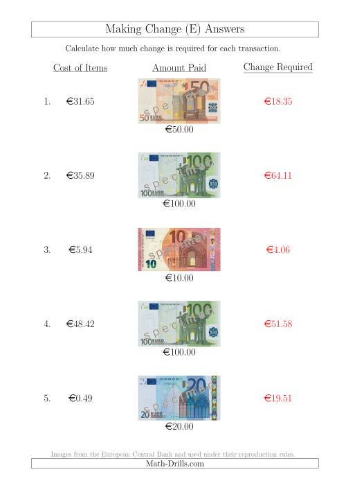 The Making Change from Euro Notes up to €100 (E) Math Worksheet Page 2