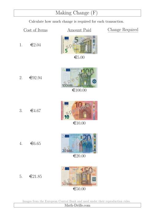The Making Change from Euro Notes up to €100 (F) Math Worksheet