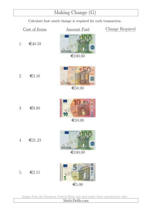 The Making Change from Euro Notes up to €100 (G) Math Worksheet