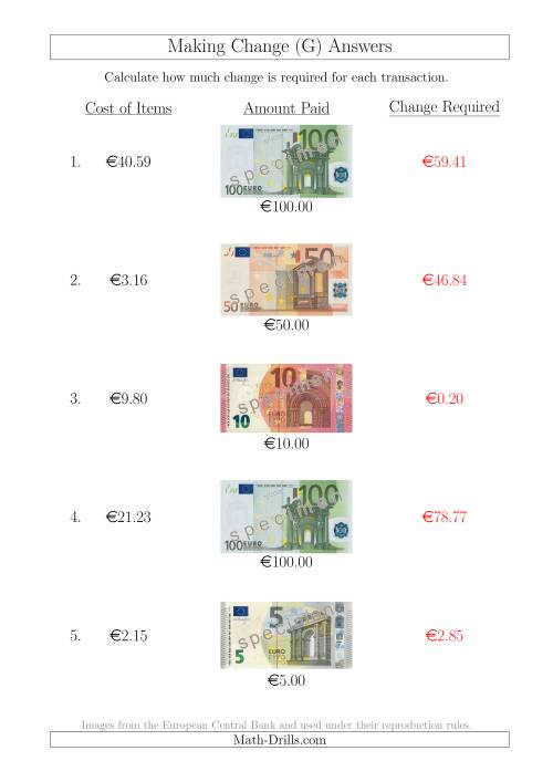 The Making Change from Euro Notes up to €100 (G) Math Worksheet Page 2