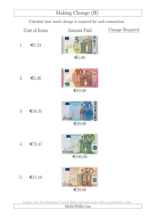 The Making Change from Euro Notes up to €100 (H) Math Worksheet
