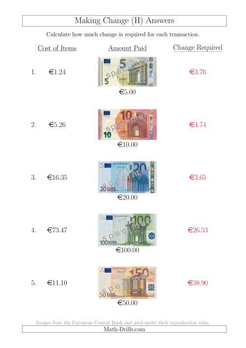 The Making Change from Euro Notes up to €100 (H) Math Worksheet Page 2