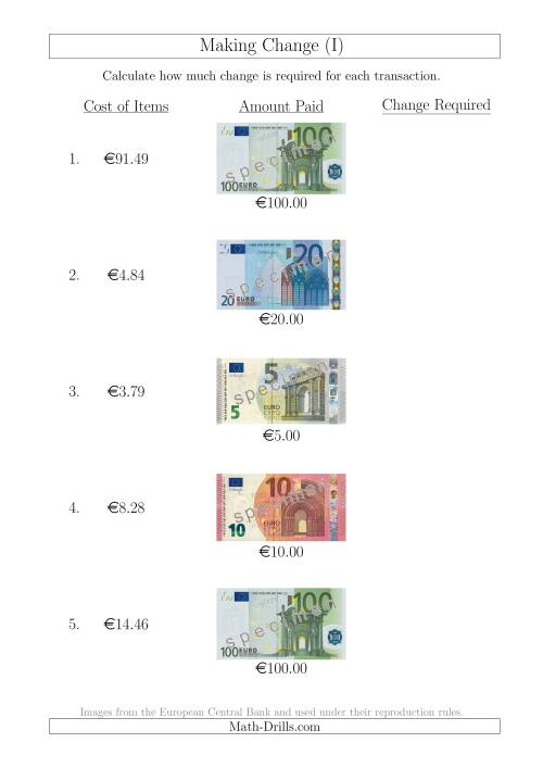The Making Change from Euro Notes up to €100 (I) Math Worksheet
