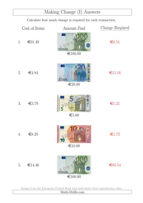 The Making Change from Euro Notes up to €100 (I) Math Worksheet Page 2