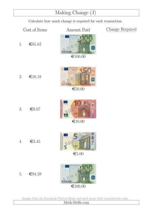 The Making Change from Euro Notes up to €100 (J) Math Worksheet