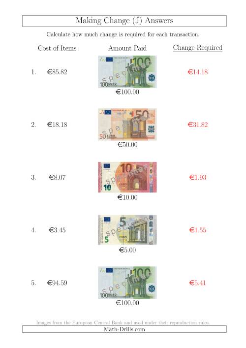 The Making Change from Euro Notes up to €100 (J) Math Worksheet Page 2