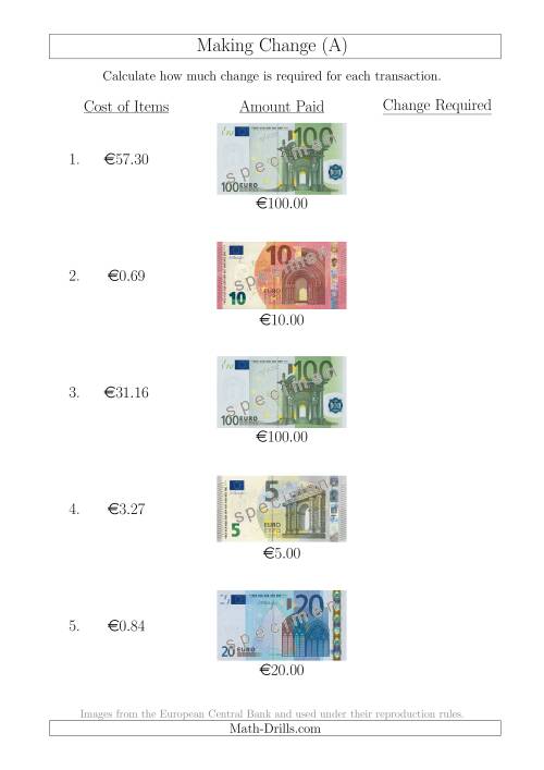 The Making Change from Euro Notes up to €100 (All) Math Worksheet