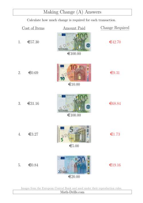 The Making Change from Euro Notes up to €100 (All) Math Worksheet Page 2