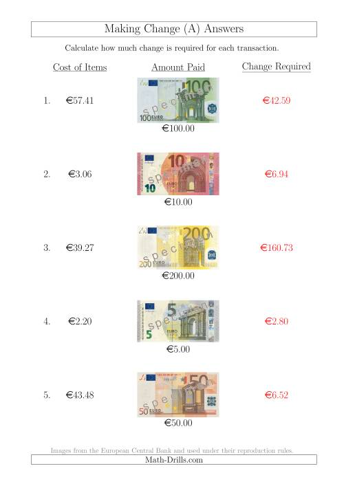 The Making Change from Euro Notes up to €200 (A) Math Worksheet Page 2
