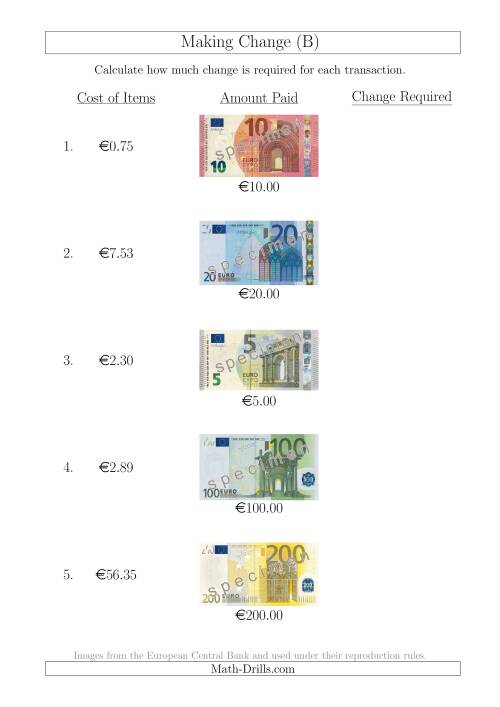 The Making Change from Euro Notes up to €200 (B) Math Worksheet