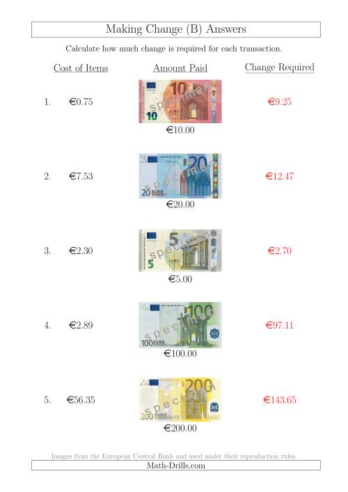 The Making Change from Euro Notes up to €200 (B) Math Worksheet Page 2