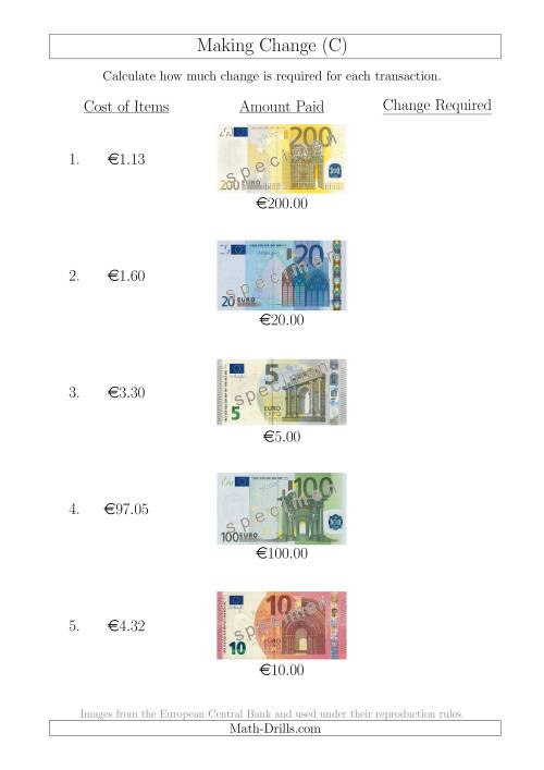 The Making Change from Euro Notes up to €200 (C) Math Worksheet