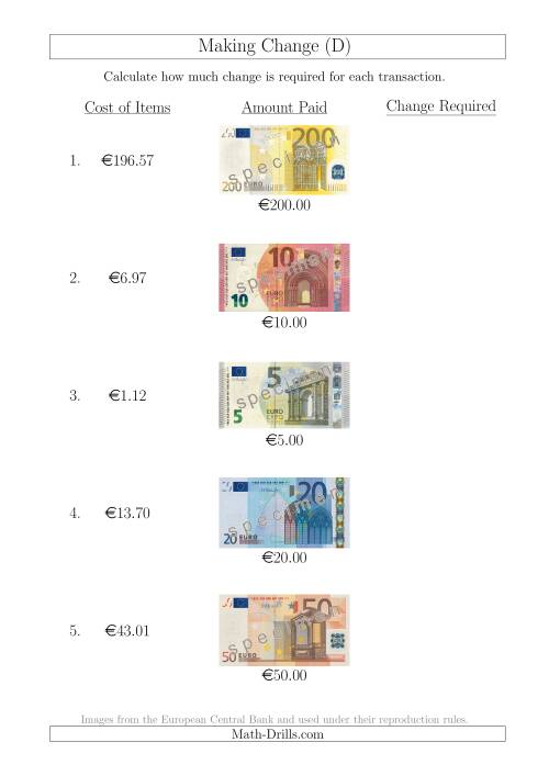 The Making Change from Euro Notes up to €200 (D) Math Worksheet