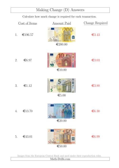 The Making Change from Euro Notes up to €200 (D) Math Worksheet Page 2