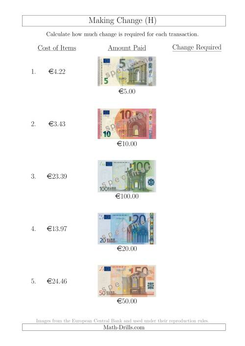 The Making Change from Euro Notes up to €200 (H) Math Worksheet