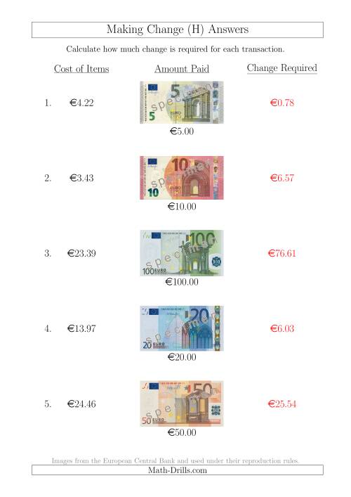 The Making Change from Euro Notes up to €200 (H) Math Worksheet Page 2