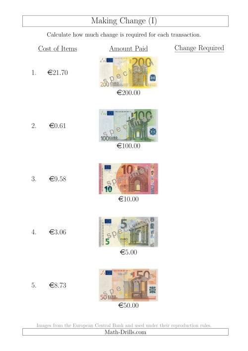 The Making Change from Euro Notes up to €200 (I) Math Worksheet
