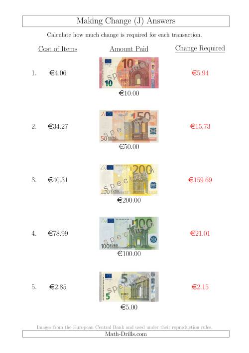 The Making Change from Euro Notes up to €200 (J) Math Worksheet Page 2
