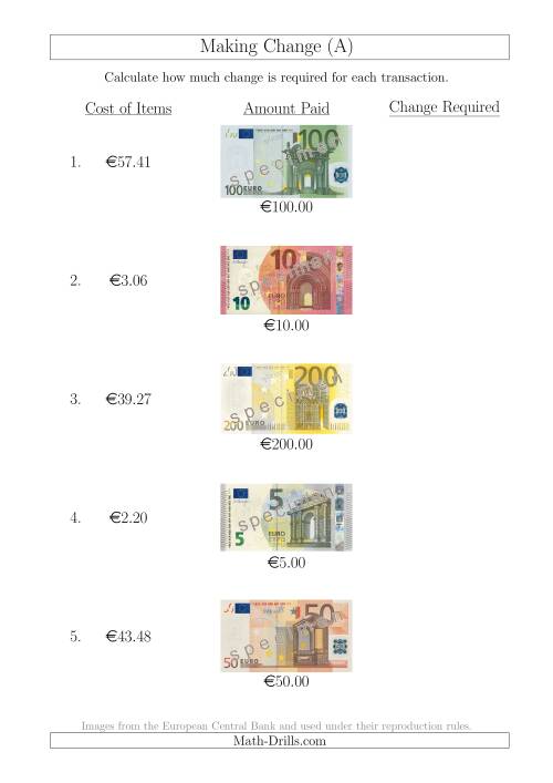 The Making Change from Euro Notes up to €200 (All) Math Worksheet
