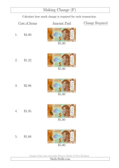 The Making Change from New Zealand $5 Banknotes (F) Math Worksheet