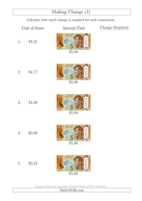 The Making Change from New Zealand $5 Banknotes (J) Math Worksheet