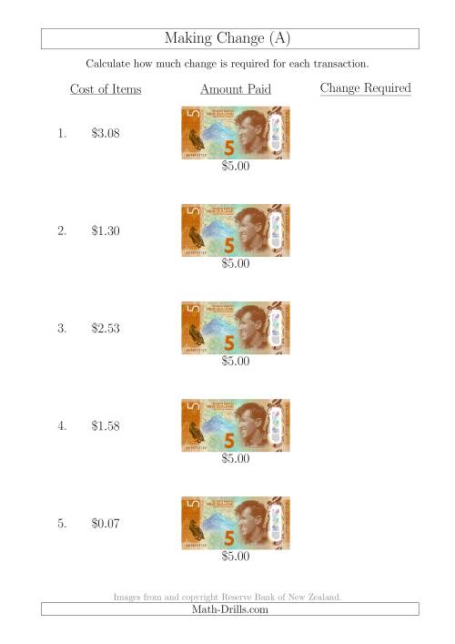 The Making Change from New Zealand $5 Banknotes (All) Math Worksheet