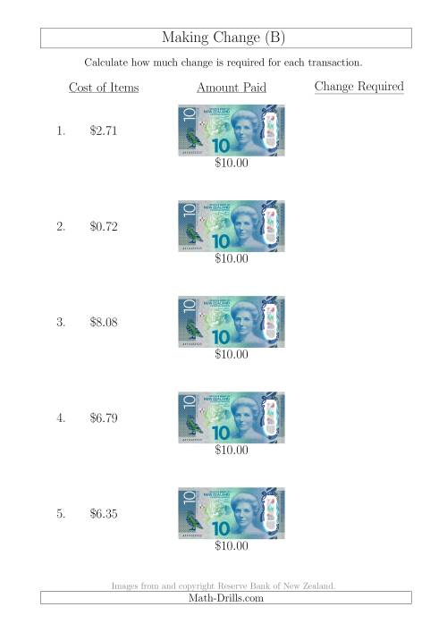 The Making Change from New Zealand $10 Banknotes (B) Math Worksheet