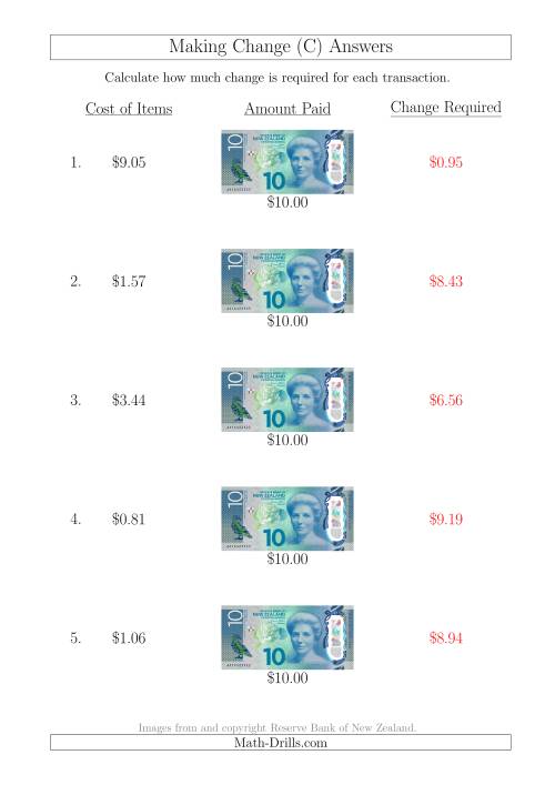 The Making Change from New Zealand $10 Banknotes (C) Math Worksheet Page 2