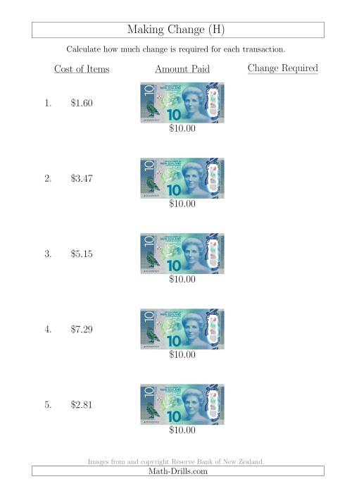 The Making Change from New Zealand $10 Banknotes (H) Math Worksheet