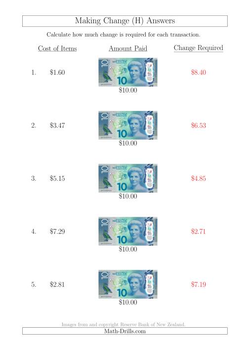 The Making Change from New Zealand $10 Banknotes (H) Math Worksheet Page 2