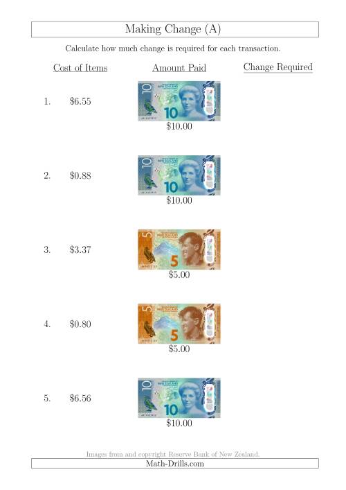 The Making Change from New Zealand Banknotes up to $10 (A) Math Worksheet