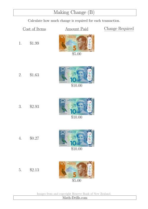 The Making Change from New Zealand Banknotes up to $10 (B) Math Worksheet
